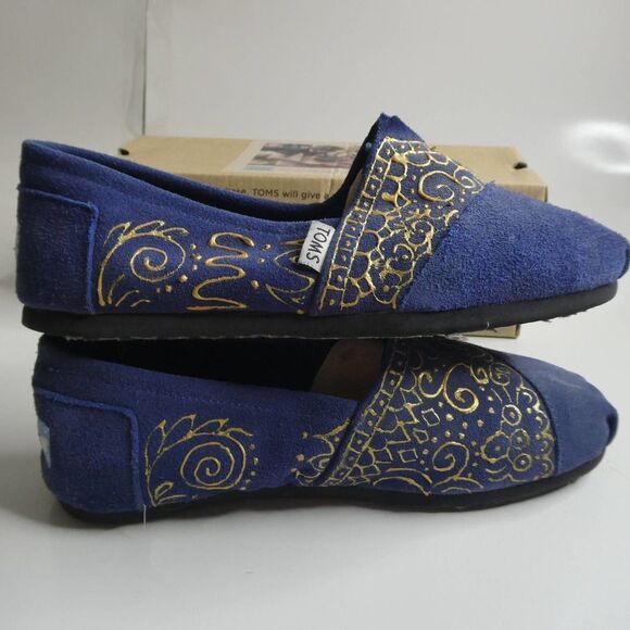 Tom's Royal Blue Gold Hand Painted Henna Boho With Box Size 7 EUC - Picture 5 of 8